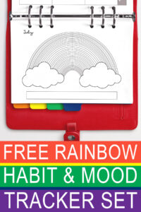 At the bottom it says free rainbow habit & mood tracker set. Above that is an example of the rainbow tracker page.