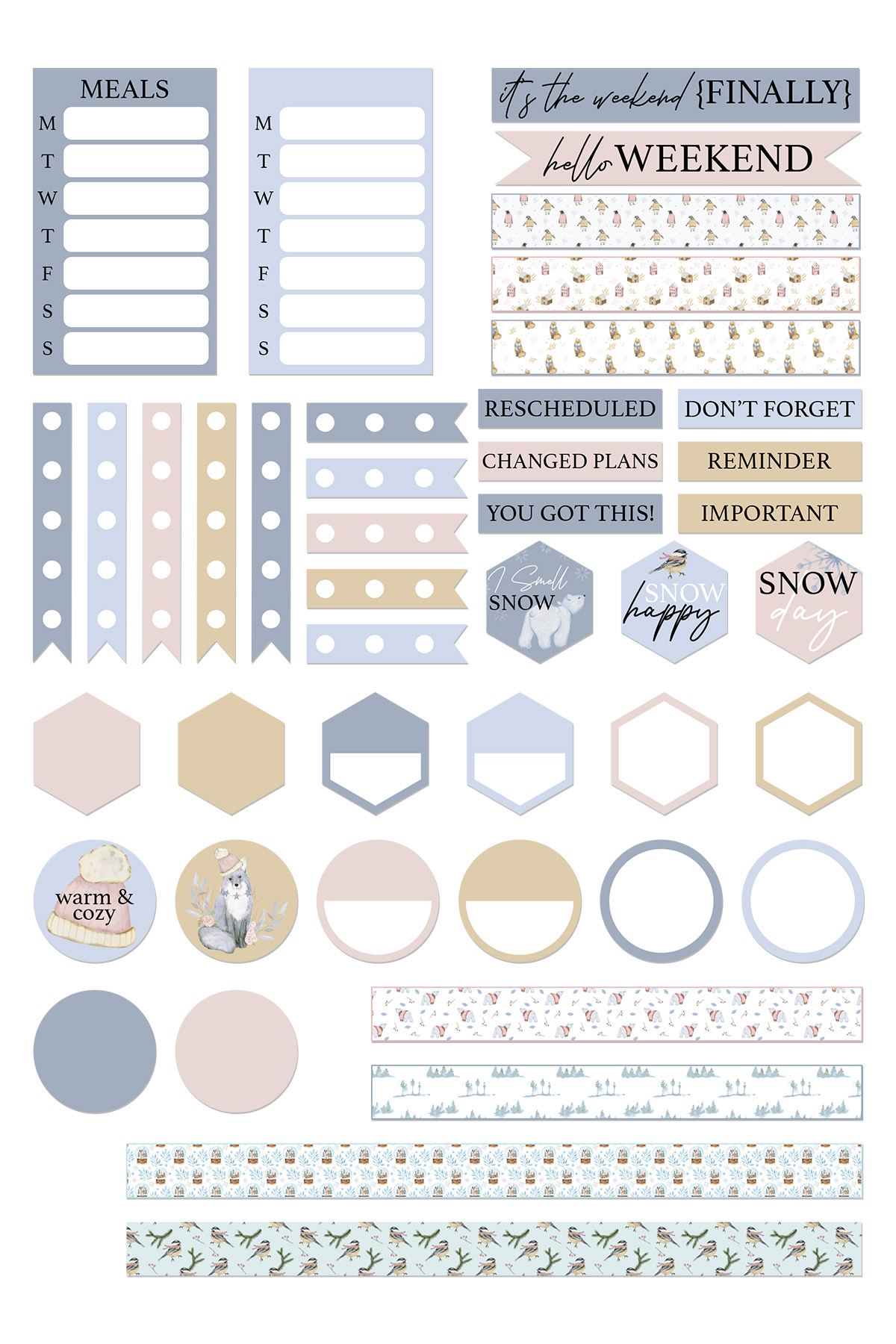 This is an image shows one of the 3 pages of free winter planner stickers you can get in this post.
