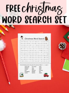 At the top it says free Christmas word search set. Below that, is an example of one free words searches you can get from the Christmas word find printable set. It is surrounded by colored pencils and some Christmas craft materials.