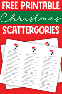 At the top it says free printable Christmas Scattergories. Underneath, the image shows two of the free Christmas Scattergories printable pages.