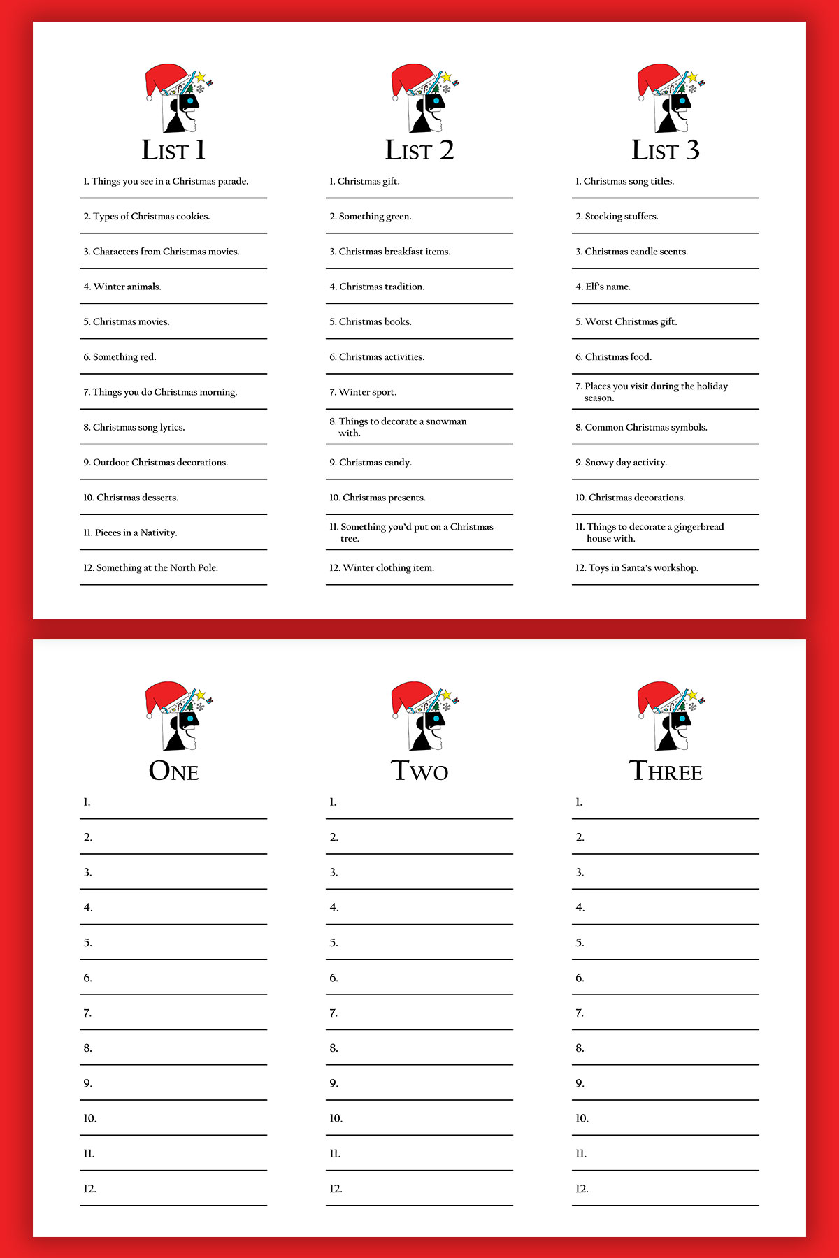 This image shows two of the free Christmas Scattergories printable pages.