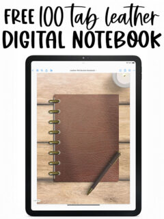 At the top it says free 100 tab leather digital notebook. Below that, the image shows an example of the free digital notebook in the Goodnotes app.
