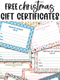 At the top it says free Christmas gift certificates. Below that are examples of the free printable Christmas certificate for gifts you you can get in this post.