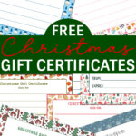 In the middle it says Free Christmas gift certificates. At the bottom it says customizable. Around the words are examples of the free printable Christmas certificates for gifts you can download in this post for free.