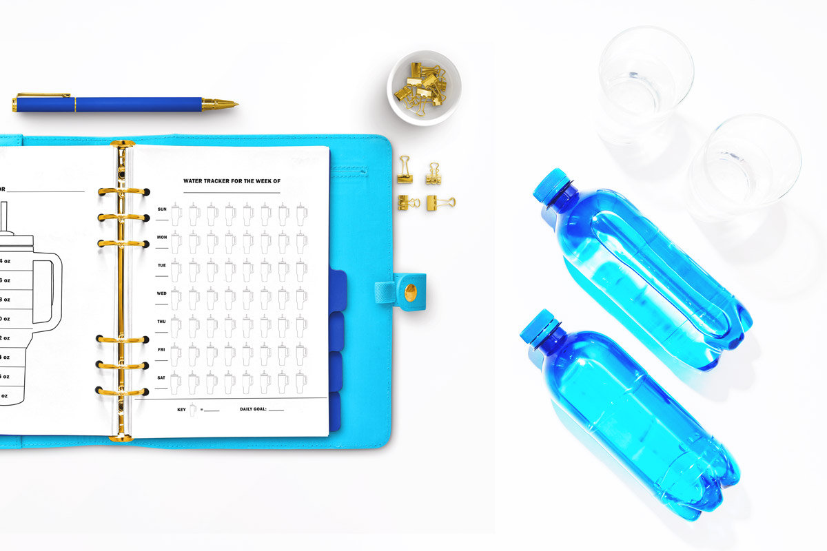 This image is an example of one of the water tracker printable options from the free printable water tracker set you can get for free in this blog post. It's next to two bottles of water and some glasses of water.
