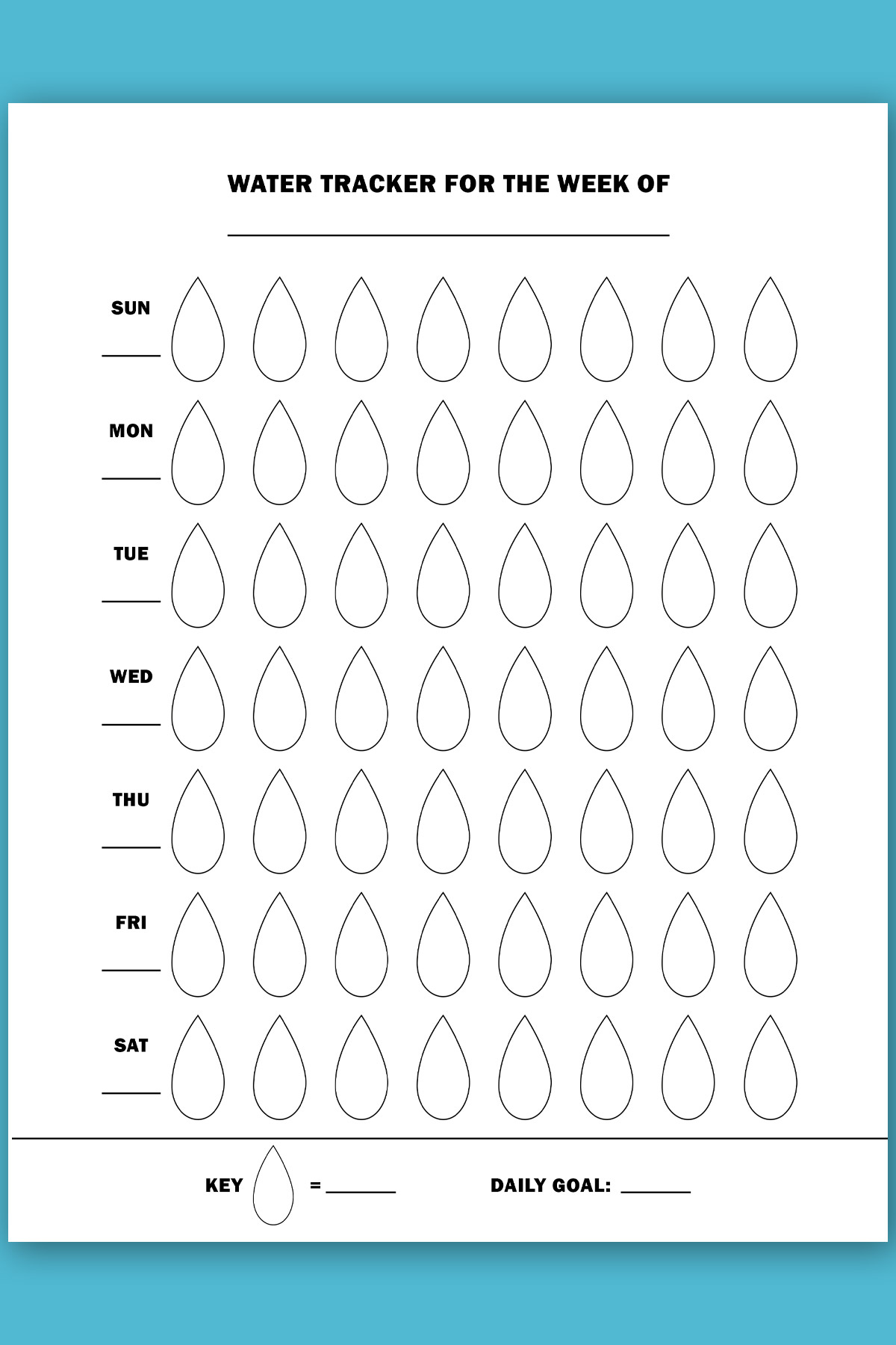 This image is an example of one of the water tracker printable options from the free printable water tracker set you can get for free in this blog post. It's an example of a water droplet weekly tracker.