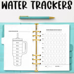 At the top it says free printable & digital water trackers. Below that, the image is of an example of one of the water tracker printable options from the free printable water tracker set you can get for free in this blog post. The bottom says daily * weekly * monthly.