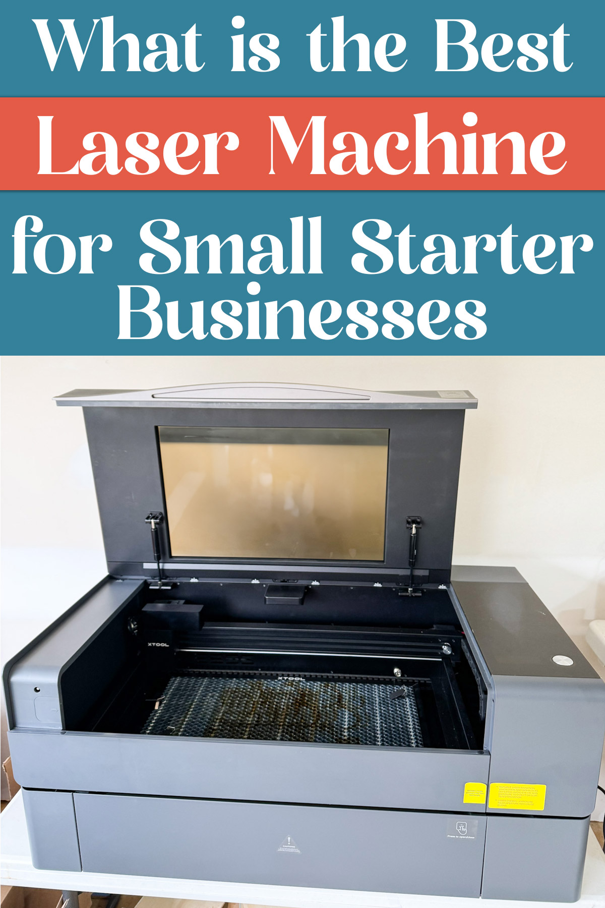 At the top it says what is the best laser machine for small businesses? Below that, the image shows an xTool P2 laser machine with an open lid showing the honeycomb insert.