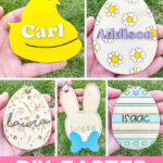 At the top it says 10 free SVGs. At the bottom it says DIY Easter Basket Tags. In between are examples of the free easter basket tag SVG designs you can get for free in this blog post.