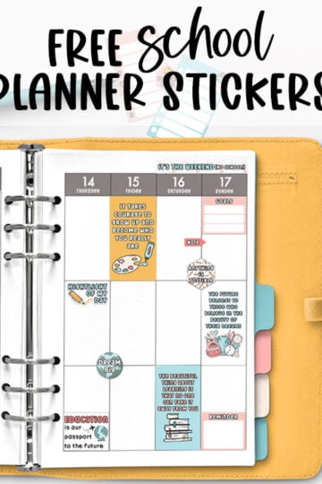 At the top it says free school planner stickers. Below that, the image is of a planner opened up to a weekly spread. The spread has some of the free back to school planner stickers you can download in this post.