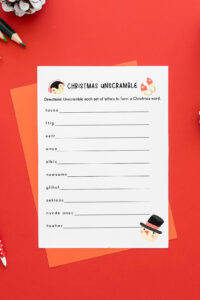 This is an image of a Christmas unscramble which is from the set of free Christmas and winter themed Christmas unscramble worksheets.