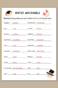 This is an image of a Christmas unscramble which is from the set of free Christmas and winter themed Christmas unscramble worksheets.
