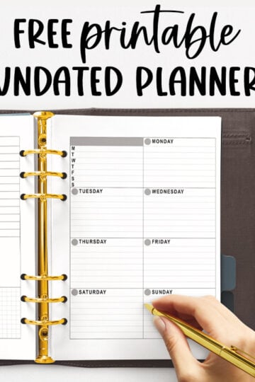 At the top it says printable undated planner. Below that is an image of an open planner with a woman's hand holding a pen about to write in the planner.