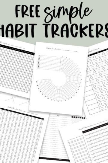 A collage of habit tracker designs arranged under the text "Free Simple Habit Trackers" on a pale green background.