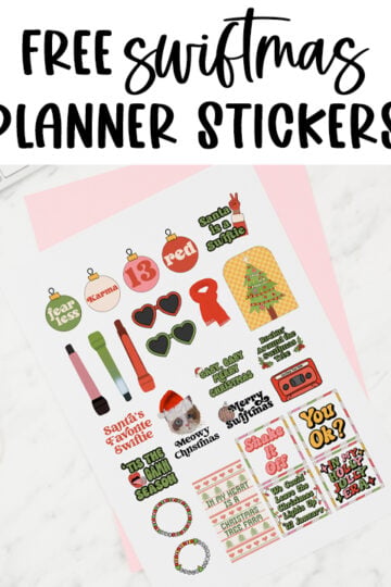 At the top it says free Swiftmas planner stickers. Below that, is an image of the free Taylor Swift inspired Christmas stickers you can get for free in this post.