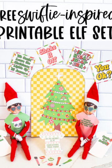 At the top it says free swiftie-inspired printable elf set. Below that are 2 elf on a shelf dolls dressed up in the free Taylor Swift Elf on a Shelf printables you can get for free in this post.