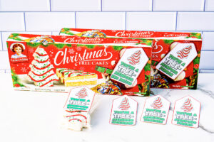 This is one of the free Christmas treat gift tags you can download in this post. It says, You’re a Tremendous Teacher. This version of the tag features the Little Debbie Christmas cake. The tag is attached to a box of Little Debbie Cakes.