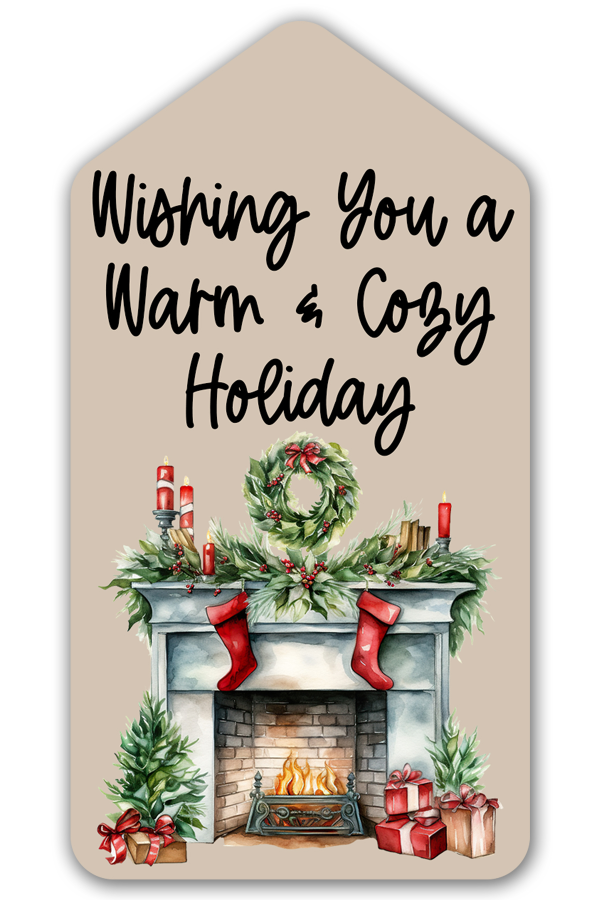 This is one of the free Christmas treat gift tags you can download in this post. It says, Wishing You a Warm & Cozy Holiday. It features a fireplace design with holiday decor, a wreath overtop, and Christmas decor.