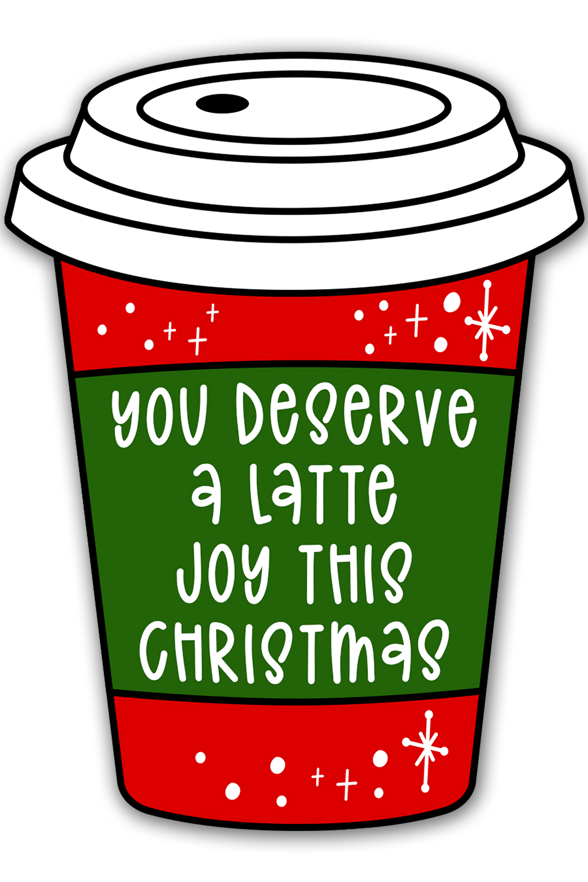 This is one of the free Christmas treat gift tags you can download in this post. It says, You Deserve a Latte Joy this Christmas. It is on a hand drawn coffee cup tag that is red with snowflakes.