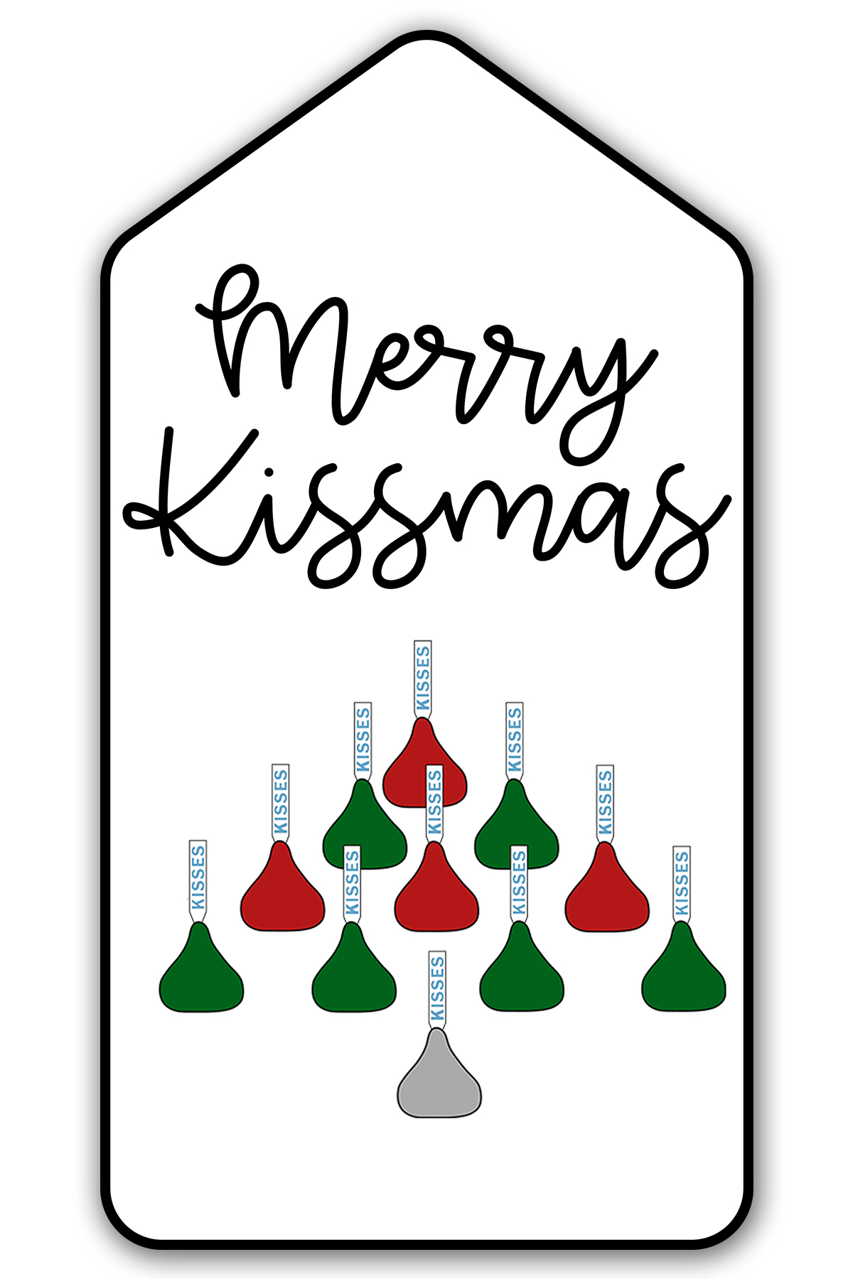 This is one of the free Christmas treat gift tags you can download in this post. It says, Merry Kissmas and featuring Hershey Kisses in their iconic Christmas design in the shape of a bell.