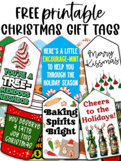 At the top it says free printable Christmas gift tags. Below that are examples of the free printable Christmas treat gift tags you can get in this post.