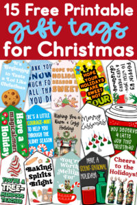 At the top it says 15 free printable gift tags for Christmas. Below that are examples of the free printable Christmas treat gift tags you can get in this post.