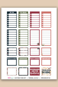 Printed sticker sheet featuring book-themed functional boxes, lists, reminders, and decorative labels in navy, green, coral, and floral designs.