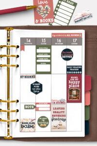 Weekly planner spread filled with book-themed stickers, including reading trackers, quotes, and decorative elements, with coordinating stickers and a pen placed above the planner.