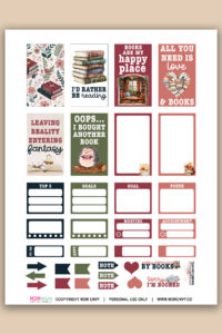 Printed sticker sheet with book-lover quotes, decorative illustrations, functional boxes, arrow labels, and small icons in cozy library colors.