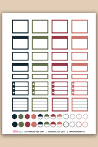 Printed sheet of book-themed planner stickers featuring book title labels, reading status boxes, progress trackers, star ratings, daily reading trackers, book club labels, and quote boxes in navy, green, maroon, and blush colors.