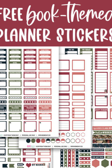 Promotional collage showcasing various book-themed stickers with illustrations, quotes, reading trackers, and labels, with the text “190 Free Book Stickers – Digital & Printable” across the center.