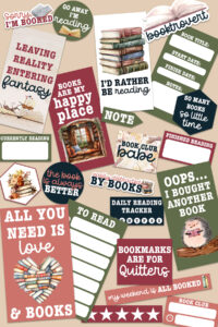 Collage of book-themed stickers arranged on a beige background, including reading quotes, decorative illustrations, labels, and functional planner stickers.