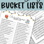 Promotional graphic with the title ‘Free Christmas Bucket Lists’ above multiple Christmas bucket list printable sheets decorated with lights, hot cocoa, and ice skates.
