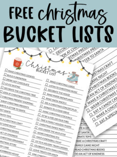 Promotional graphic with the title &lsquo;Free Christmas Bucket Lists&rsquo; above multiple Christmas bucket list printable sheets decorated with lights, hot cocoa, and ice skates.