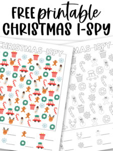 Pinterest graphic with the text &ldquo;Free printable Christmas I-Spy&rdquo; and two game sheets&mdash;one colored and one black-and-white.