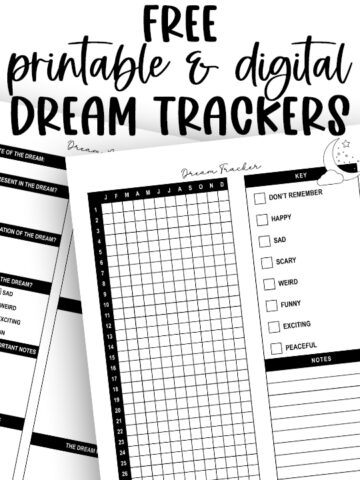 Black-and-white styled graphic featuring the title &ldquo;Free Printable & Digital Dream Trackers&rdquo; above sample pages of the dream tracker grid and dream log layouts.