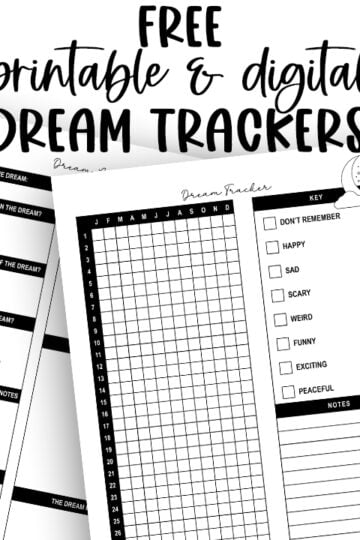 Black-and-white styled graphic featuring the title “Free Printable & Digital Dream Trackers” above sample pages of the dream tracker grid and dream log layouts.