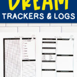 Bright blue banner reading &ldquo;Free Dream Trackers & Logs,&rdquo; displayed above printed dream tracker and dream log pages set on a white subway-tile background.
