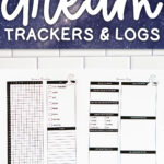 Banner-style graphic with a starry-night background and the text &ldquo;Free Dream Trackers & Logs,&rdquo; shown above printed dream tracker and dream log sheets laid out side by side.