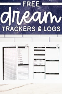 Banner-style graphic with a starry-night background and the text &ldquo;Free Dream Trackers & Logs,&rdquo; shown above printed dream tracker and dream log sheets laid out side by side.