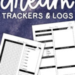 Promotional graphic with a starry-night background reading &ldquo;Free Dream Trackers & Logs,&rdquo; featuring angled preview images of both the dream tracker and dream log printables.