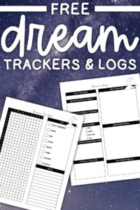 Promotional graphic with a starry-night background reading &ldquo;Free Dream Trackers & Logs,&rdquo; featuring angled preview images of both the dream tracker and dream log printables.