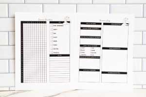 Printed dream tracker and dream log displayed next to each other on a white subway-tile wall, featuring the monthly dream grid and detailed log prompts.