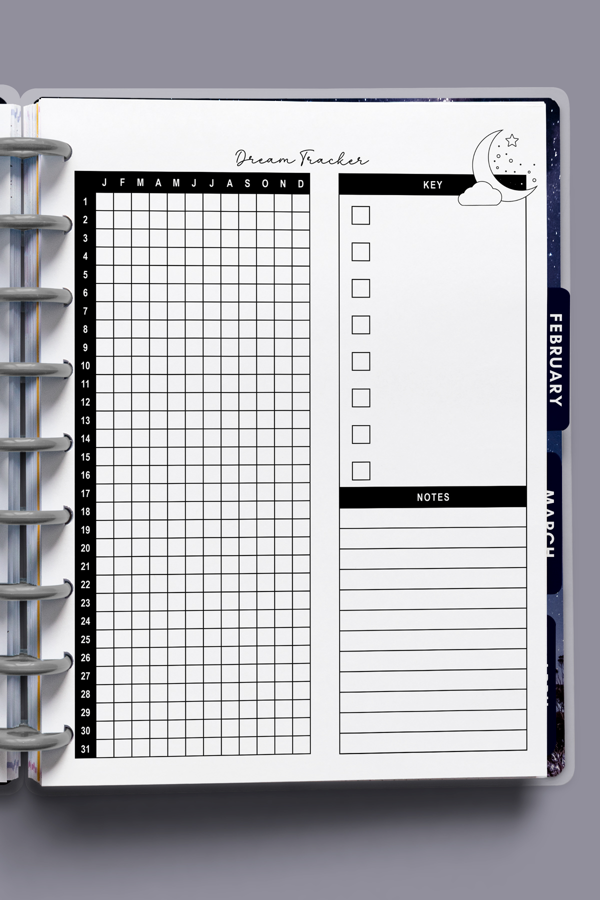 Close-up of the dream tracker page inside a discbound planner, showing the grid for all 12 months, key checkboxes, and notes area.