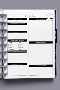 Dream log page inside a discbound planner, featuring sections for date, dream description, dream interpretation, emotions, notes, and sleep quality.