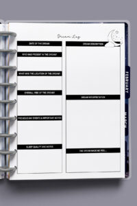 Close-up of the dream log sheet inside a discbound planner, highlighting the structured prompts and large blank sections for writing.