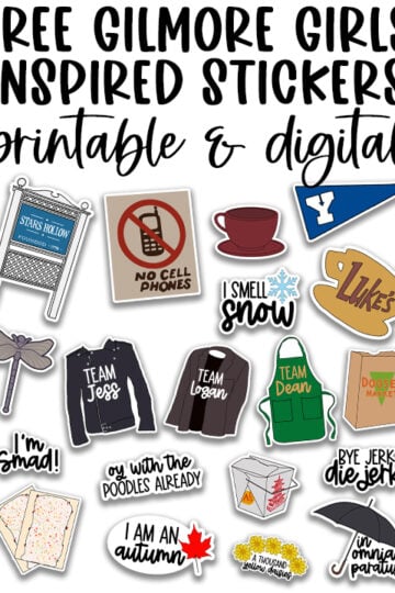 Collage of Gilmore Girls–inspired printable and digital stickers on a white background with the title “Free Gilmore Girls Inspired Stickers – printable & digital” at the top.