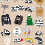 Beige background filled with an assortment of Gilmore Girls&ndash;themed sticker illustrations arranged in a scattered collage.
