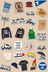 Beige background filled with an assortment of Gilmore Girls&ndash;themed sticker illustrations arranged in a scattered collage.