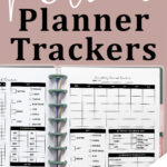 &ldquo;Monthly period tracker printable inside a disc-bound planner showing a blank monthly calendar, flow-level key, period stats, and notes section on a soft pink background.